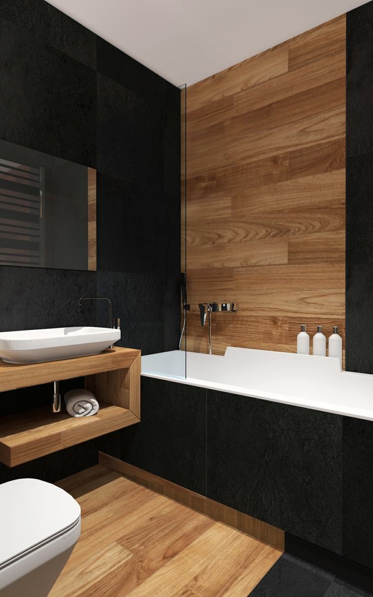 carrelage salle de bain bois noir dramatique meuble vasque bois