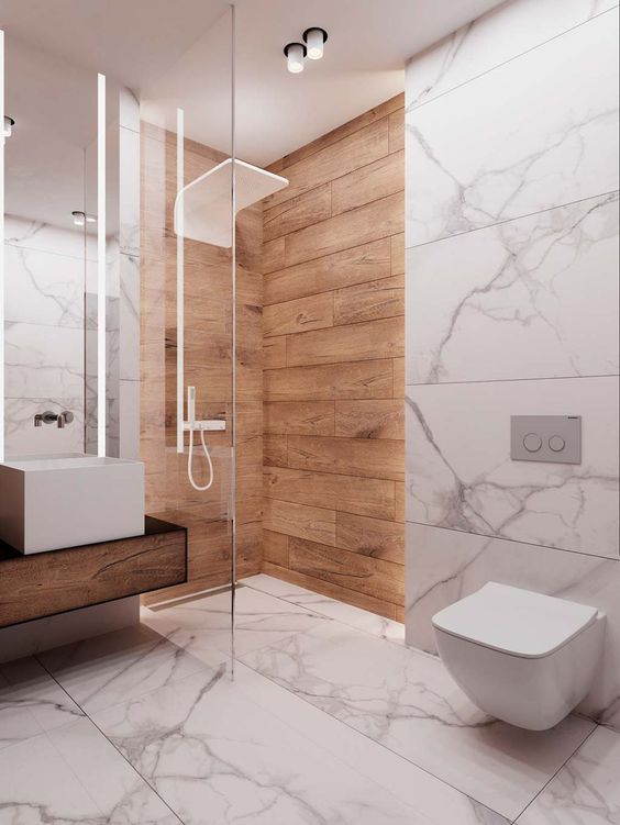 salle de bain 2022 faite de ceramique imitation bois et marbre